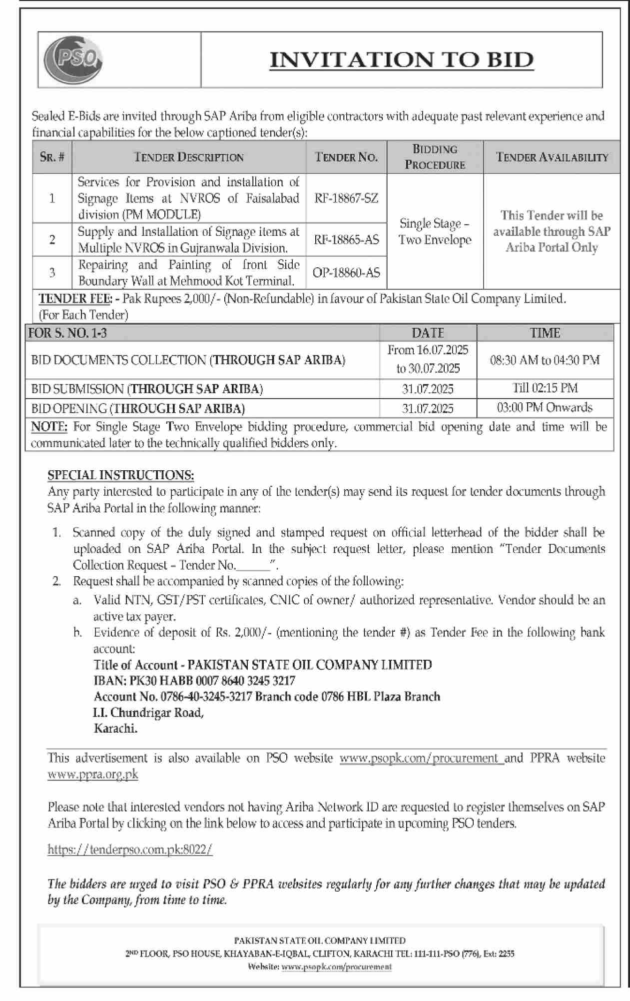 Pakistan State Oil Tender Notice